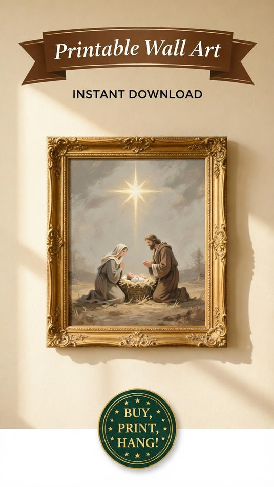 Nativity Printable Wall Art, Mary Joseph Baby Jesus Download