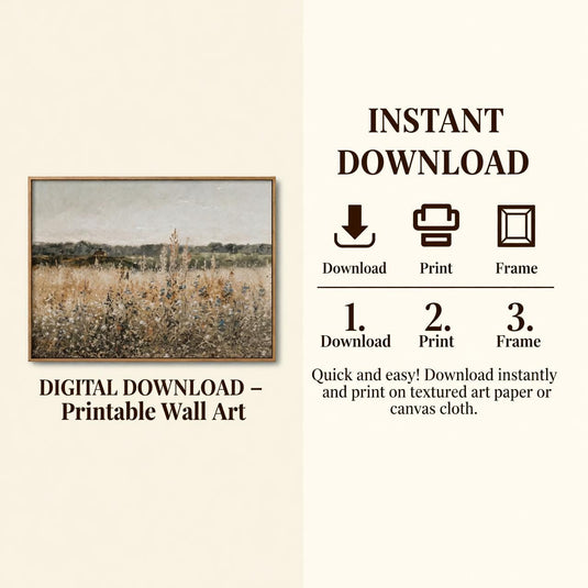 Wildflowers Wall Art Printable, Vintage Countryside Landscape Download
