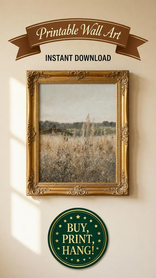 Wildflowers Wall Art Printable, Vintage Countryside Landscape Download