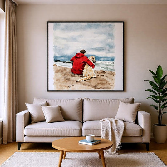 Watercolor Wall Art Printable Dog Owner Beach Scene Coastal Digital Download 16x9