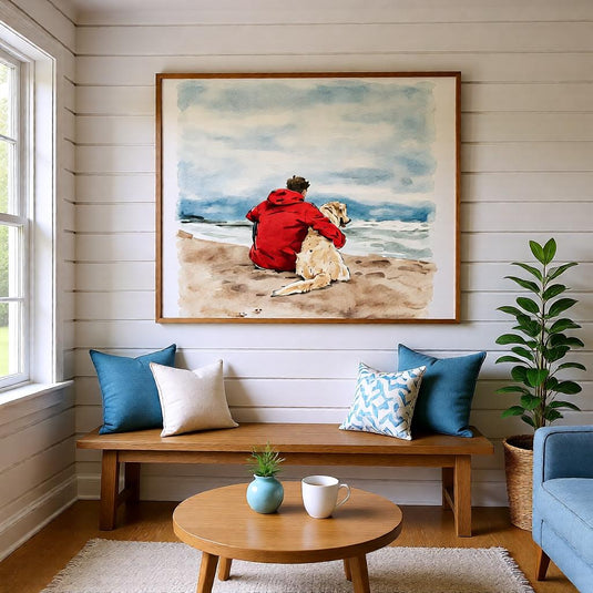 Watercolor Wall Art Printable Dog Owner Beach Scene Coastal Digital Download 16x9
