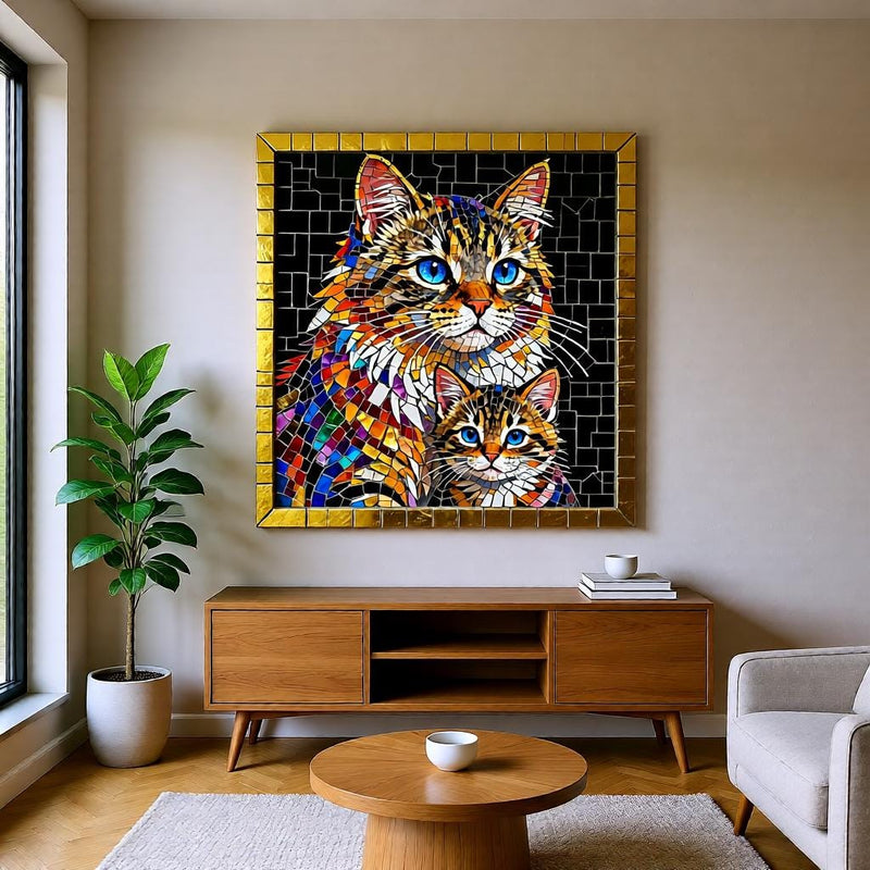 Load image into Gallery viewer, Mosaic Cat Art Mother Kitten Stained Glass Square Printable Digital Download 1:1 Format
