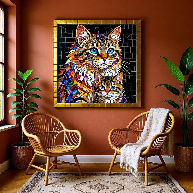 Load image into Gallery viewer, Mosaic Cat Art Mother Kitten Stained Glass Square Printable Digital Download 1:1 Format
