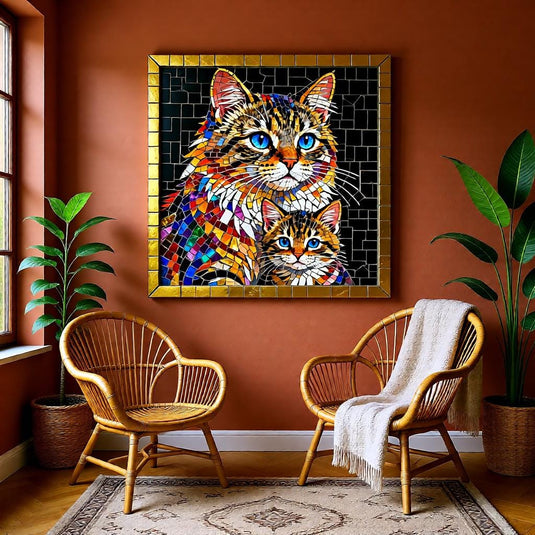Mosaic Cat Art Mother Kitten Stained Glass Square Printable Digital Download 1:1 Format