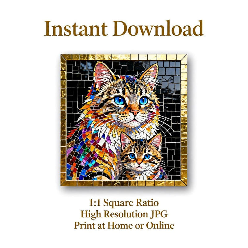 Load image into Gallery viewer, Mosaic Cat Art Mother Kitten Stained Glass Square Printable Digital Download 1:1 Format

