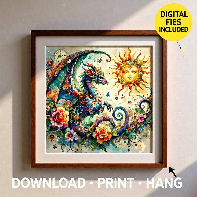 Load image into Gallery viewer, Celestial Dragon Wall Art Print Fantasy Sun Moon Decor Nursery Wizard Artwork Download
