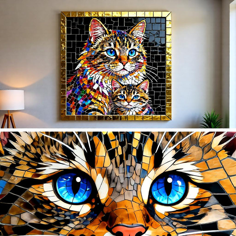 Load image into Gallery viewer, Stained Glass Cat Mother Kitten Art, Mosaic Blue Eyes, Colorful Pet Decor (Digital Download)
