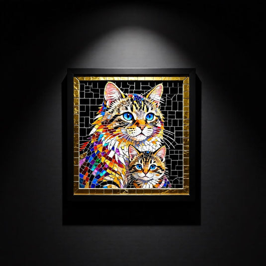 Stained Glass Cat Mother Kitten Art, Mosaic Blue Eyes, Colorful Pet Decor (Digital Download)