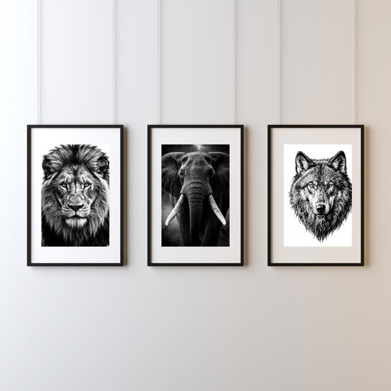 Load image into Gallery viewer, Modern Safari Art 3 Piece Wildlife Gift Set Lion Elephant Wolf Prints
