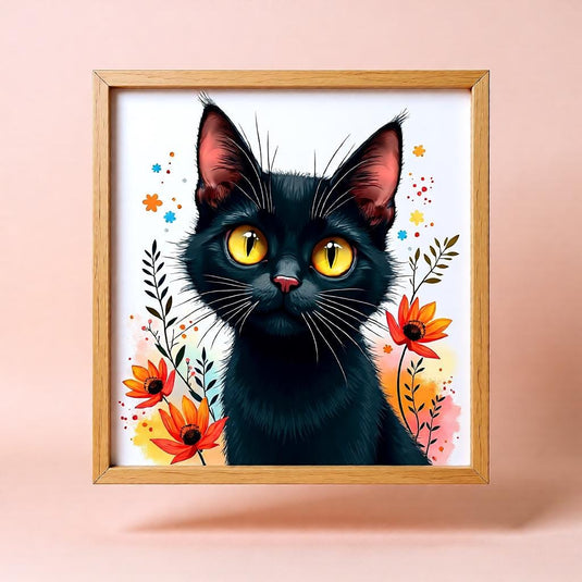 Black Cat Wall Art Printable, Lover Gift Poster, Floral Animal Decor Digital Download
