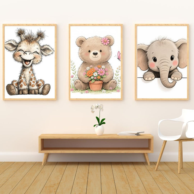 Load image into Gallery viewer, Neutral Nursery Wall Art Giraffe Bear Elephant Print Set Digital Download
