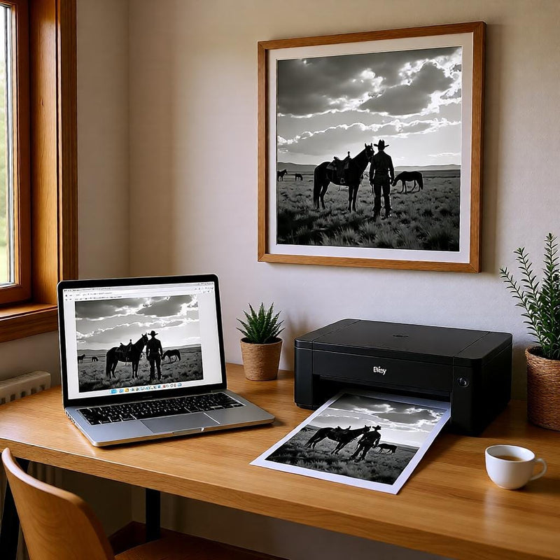 Load image into Gallery viewer, Ranch Wall Art Printable, Black White Horse Photography, Western Cowboy Decor A4 Download
