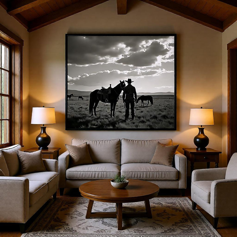 Load image into Gallery viewer, Ranch Wall Art Printable, Black White Horse Photography, Western Cowboy Decor A4 Download
