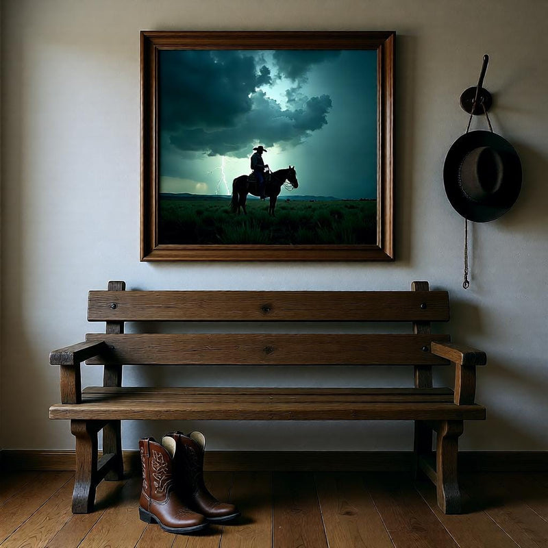 Load image into Gallery viewer, Rustic Ranch Decor Printable, Cowboy Lightning Storm Horse Print, Western Cabin Wall Art A4

