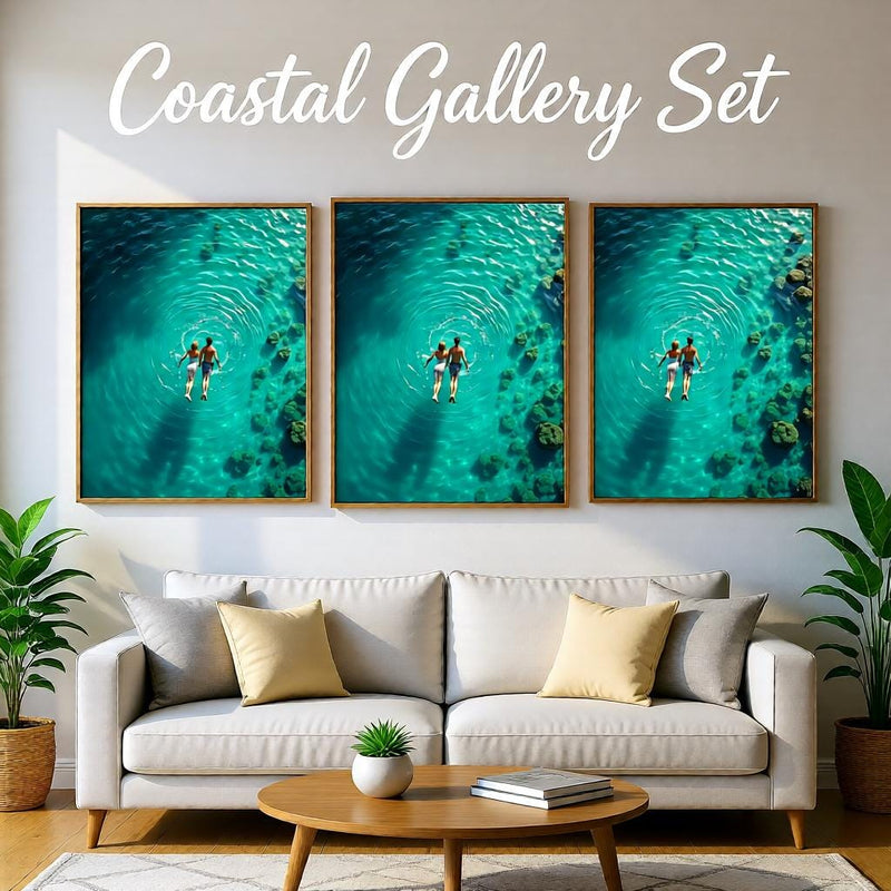 Load image into Gallery viewer, Ocean Swimmer Art Printable, Emerald Coastal Couple Poster Modern Abstract Decor A4 Download
