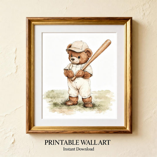 Teddy Bear Baseball Wall Art Vintage Nursery Decor 1:1 1024x1024 Printable Digital Download