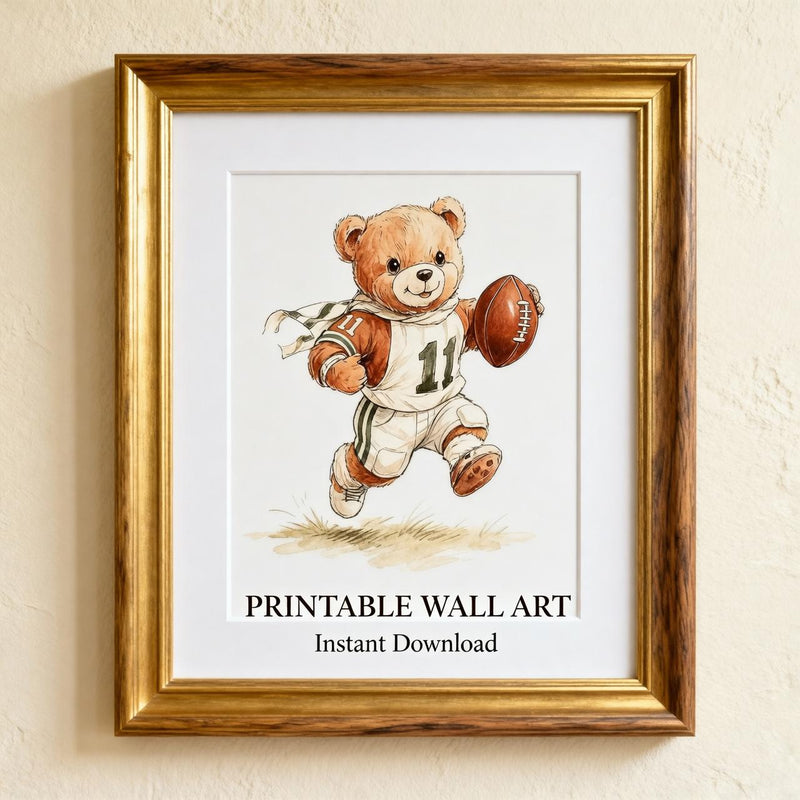 Load image into Gallery viewer, Teddy Bear Football Wall Art Printable Sports Nursery Decor 1:1 1024x1024
