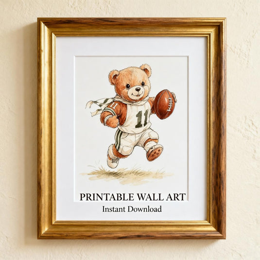 Teddy Bear Football Wall Art Printable Sports Nursery Decor 1:1 1024x1024