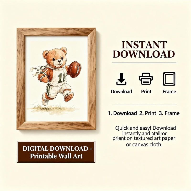 Load image into Gallery viewer, Teddy Bear Football Wall Art Printable Sports Nursery Decor 1:1 1024x1024
