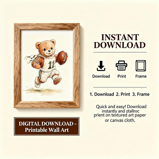Teddy Bear Football Wall Art Printable Sports Nursery Decor 1:1 1024x1024