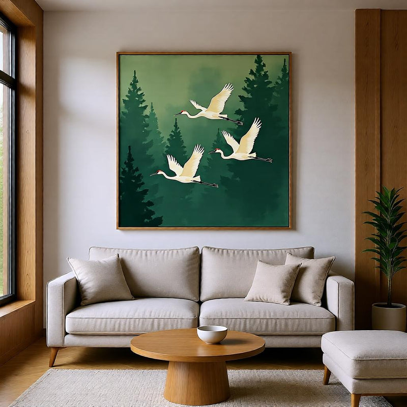 Load image into Gallery viewer, Crane Wall Art Printable, Japandi Forest Birds Poster Zen Decor Scandinavian Style A4 Download
