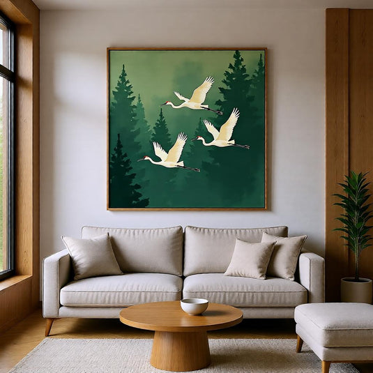 Crane Wall Art Printable, Japandi Forest Birds Poster Zen Decor Scandinavian Style A4 Download