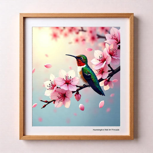 Hummingbird Wall Art Printable, Cherry Blossom Bird Painting Floral Botanical Decor A4 Download