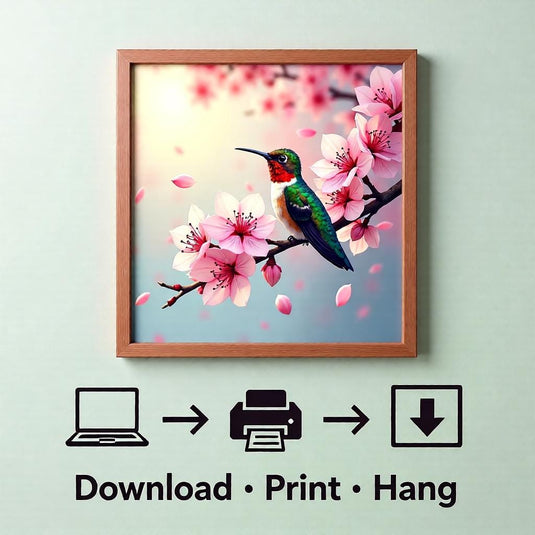 Hummingbird Wall Art Printable, Cherry Blossom Bird Painting Floral Botanical Decor A4 Download