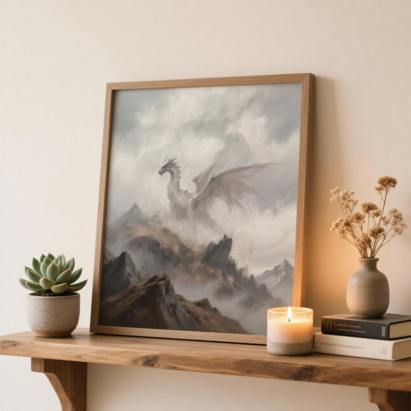 Load image into Gallery viewer, Fantasy Dragon Art Printable Misty Mountain Landscape Medieval DnD Gamer Room Poster Download
