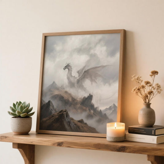Fantasy Dragon Art Printable Misty Mountain Landscape Medieval DnD Gamer Room Poster Download