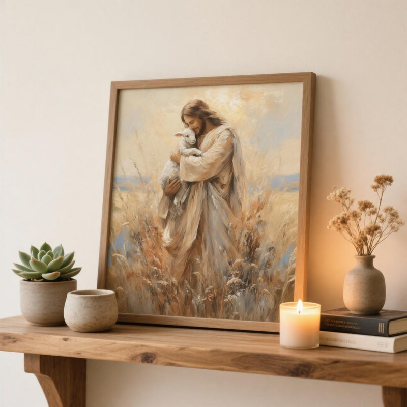 Load image into Gallery viewer, Good Shepherd Jesus Holding Lamb Wall Art Printable Warm Painterly Christian Decor Download
