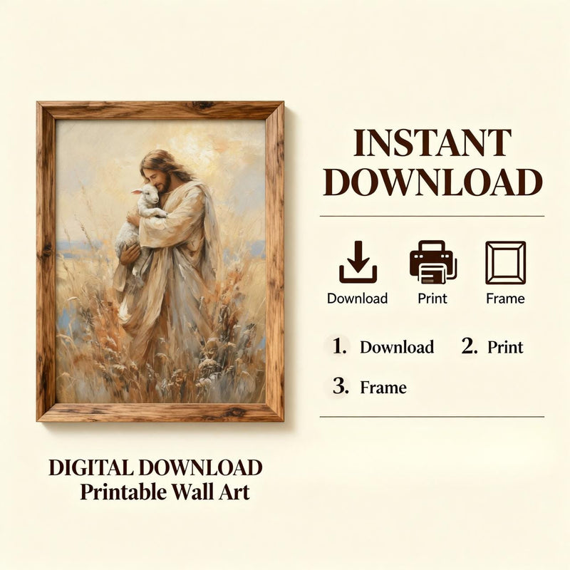 Load image into Gallery viewer, Good Shepherd Jesus Holding Lamb Wall Art Printable Warm Painterly Christian Decor Download
