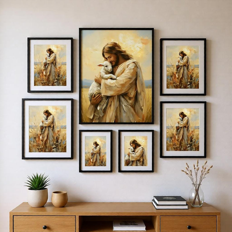 Load image into Gallery viewer, Good Shepherd Jesus Holding Lamb Wall Art Printable Warm Painterly Christian Decor Download
