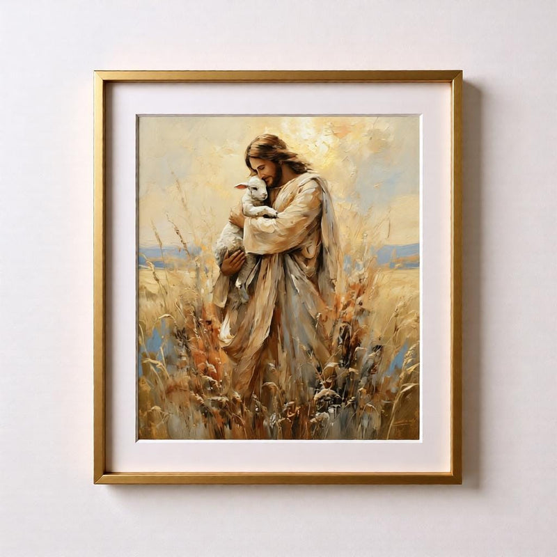 Load image into Gallery viewer, Good Shepherd Jesus Holding Lamb Wall Art Printable Warm Painterly Christian Decor Download
