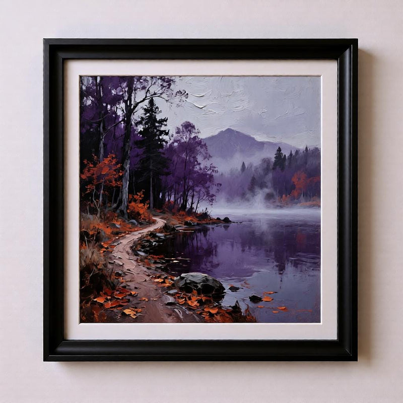 Load image into Gallery viewer, Purple Forest Lake Print Misty Autumn Landscape Moody Nature Wall Decor Printable Download

