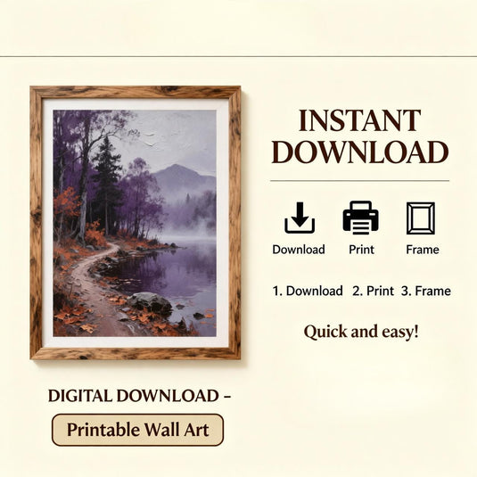 Purple Forest Lake Print Misty Autumn Landscape Moody Nature Wall Decor Printable Download