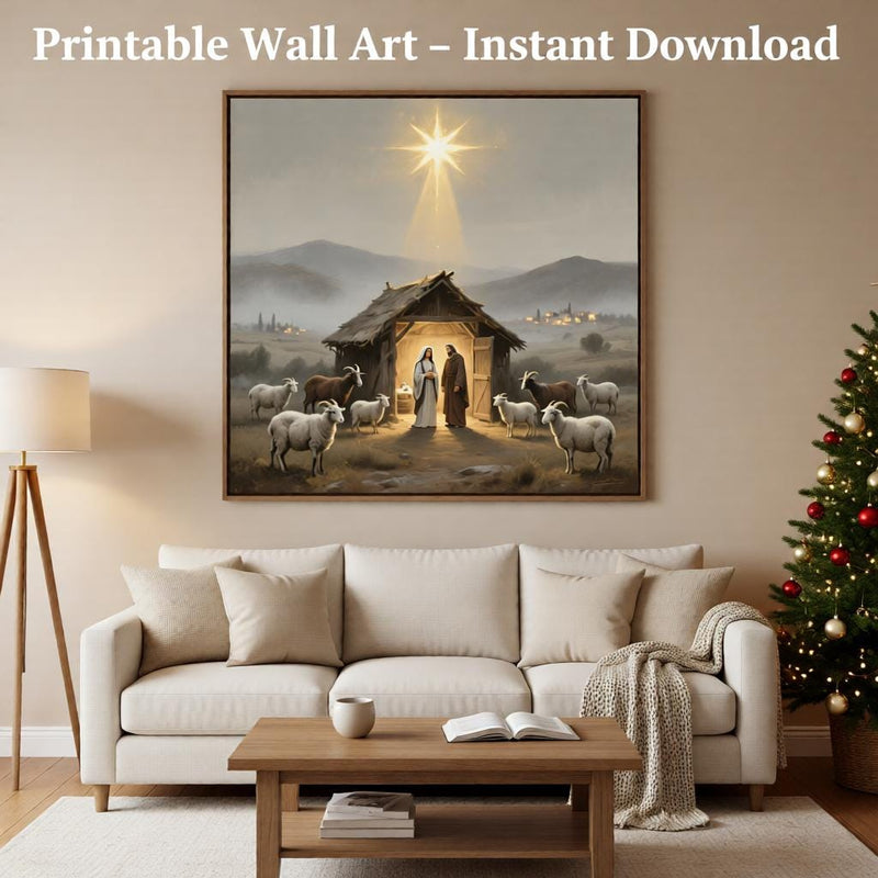 Load image into Gallery viewer, Nativity Wall Art Printable Christmas Scene, Birth of Jesus Christian Painting Digital Download
