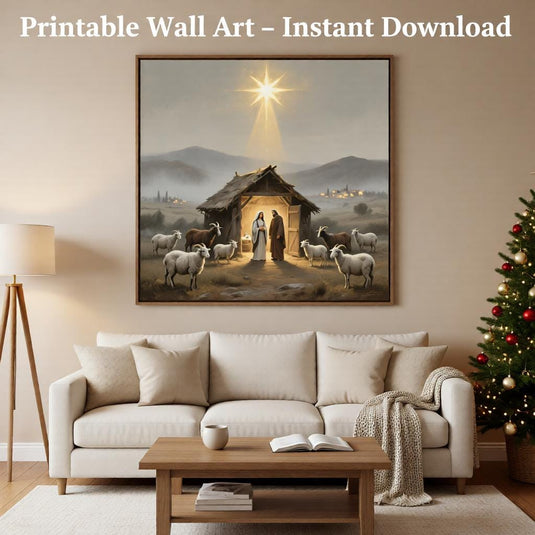 Nativity Wall Art Printable Christmas Scene, Birth of Jesus Christian Painting Digital Download