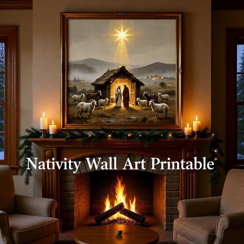 Load image into Gallery viewer, Nativity Wall Art Printable Christmas Scene, Birth of Jesus Christian Painting Digital Download
