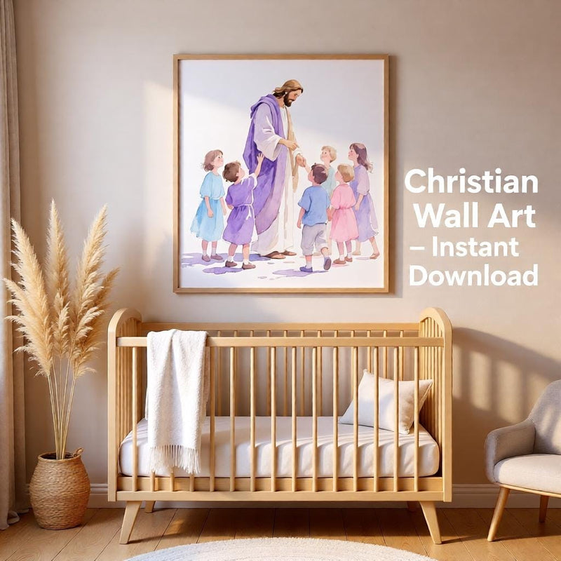 Load image into Gallery viewer, Jesus With Children Watercolor Art Print: Christian Nursery Decor (Digital Download)

