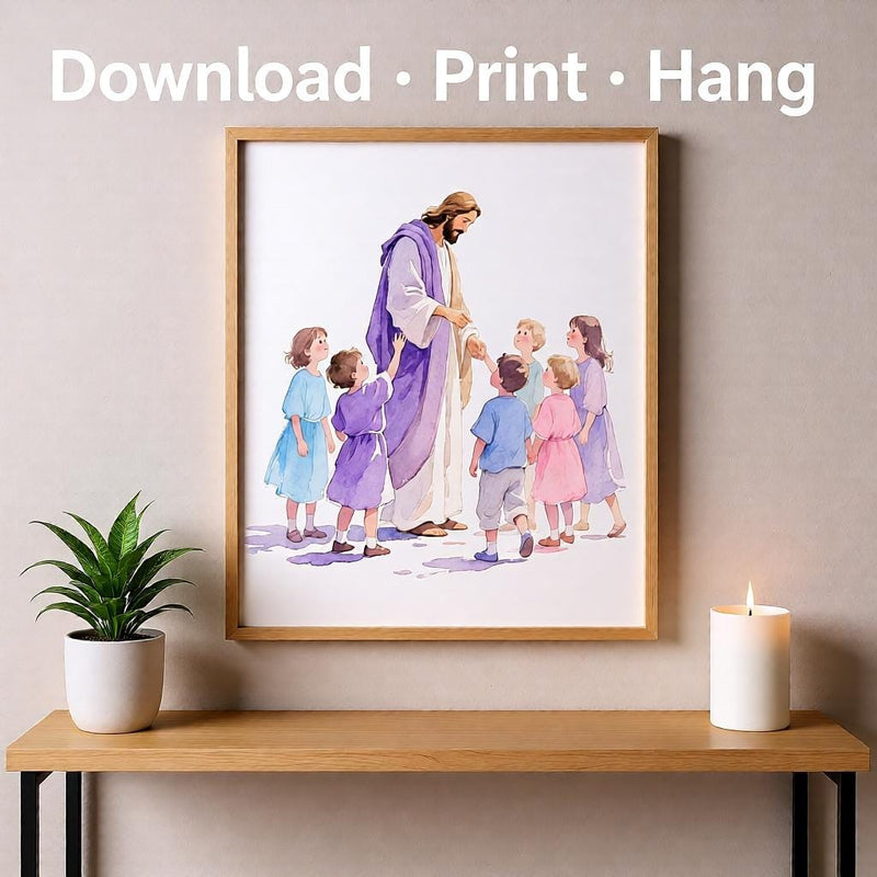 Load image into Gallery viewer, Jesus With Children Watercolor Art Print: Christian Nursery Decor (Digital Download)
