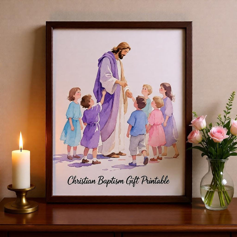 Load image into Gallery viewer, Jesus With Children Watercolor Art Print: Christian Nursery Decor (Digital Download)
