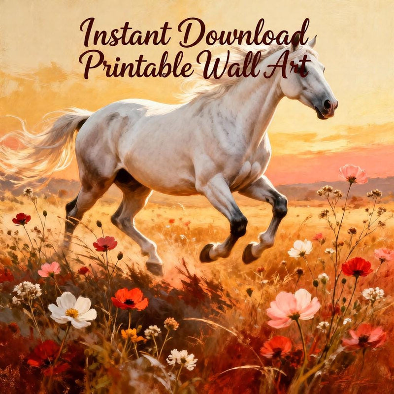 Load image into Gallery viewer, Wildflower Horse Meadow Art Print Sunset Equestrian Decor Rustic Farmhouse Printable Digital Download
