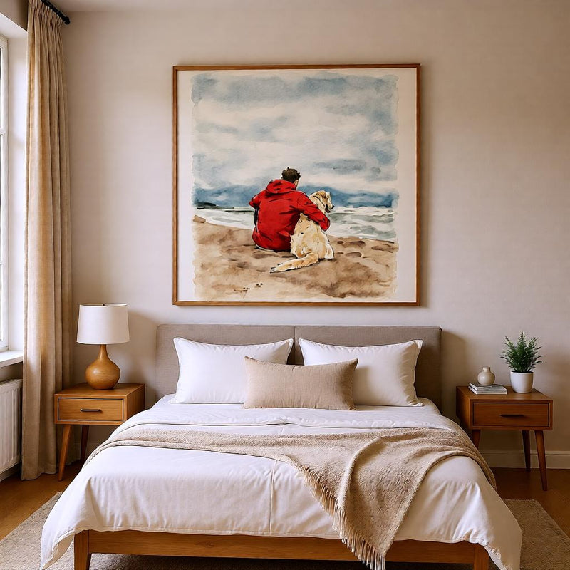 Load image into Gallery viewer, Watercolor Wall Art Printable Dog Owner Beach Scene Coastal Digital Download 16x9
