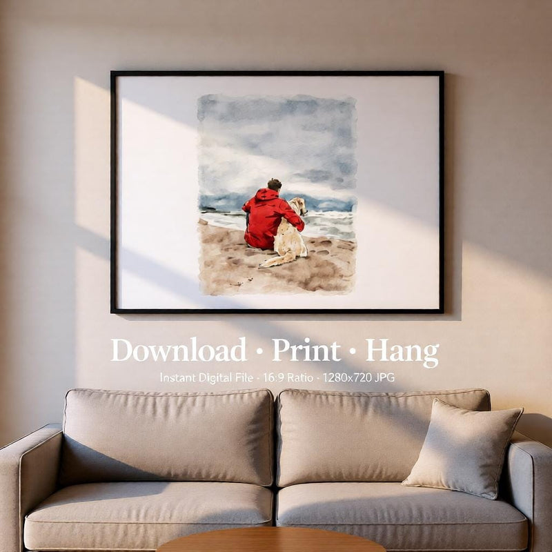 Load image into Gallery viewer, Watercolor Wall Art Printable Dog Owner Beach Scene Coastal Digital Download 16x9
