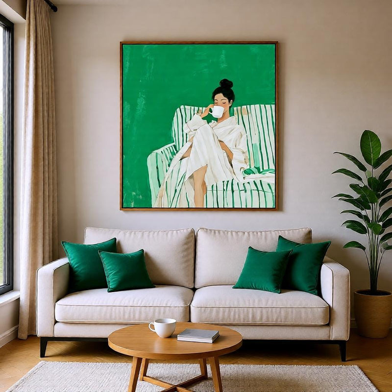 Load image into Gallery viewer, Emerald Wall Decor Abstract Female Portrait Reading Poster Modern Green Tones Printable Digital Download
