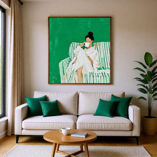 Emerald Wall Decor Abstract Female Portrait Reading Poster Modern Green Tones Printable Digital Download