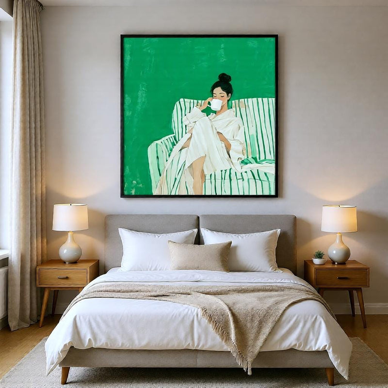 Load image into Gallery viewer, Emerald Wall Decor Abstract Female Portrait Reading Poster Modern Green Tones Printable Digital Download

