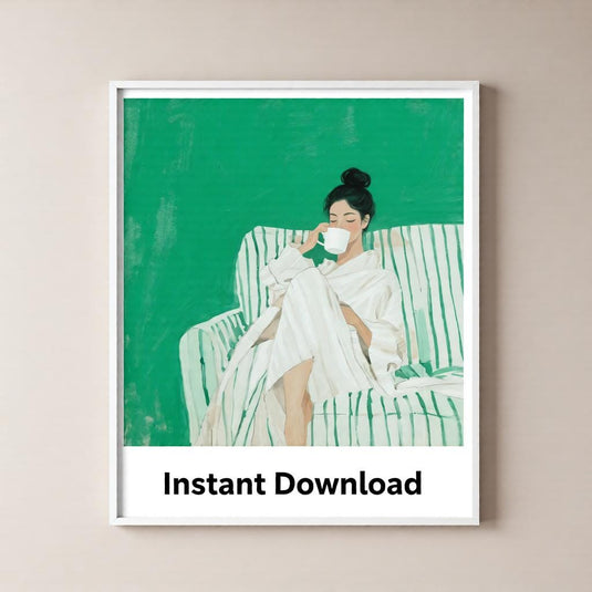 Emerald Wall Decor Abstract Female Portrait Reading Poster Modern Green Tones Printable Digital Download