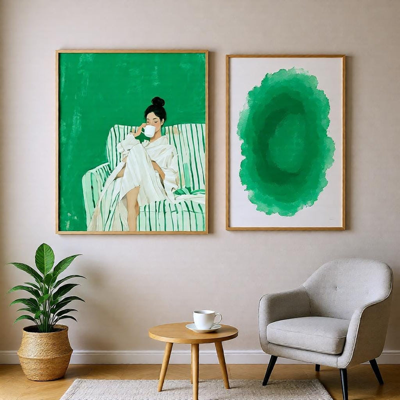 Load image into Gallery viewer, Emerald Wall Decor Abstract Female Portrait Reading Poster Modern Green Tones Printable Digital Download
